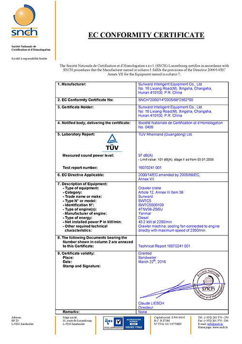 SWTC5伸缩臂履带起重机获欧盟市场“护照”