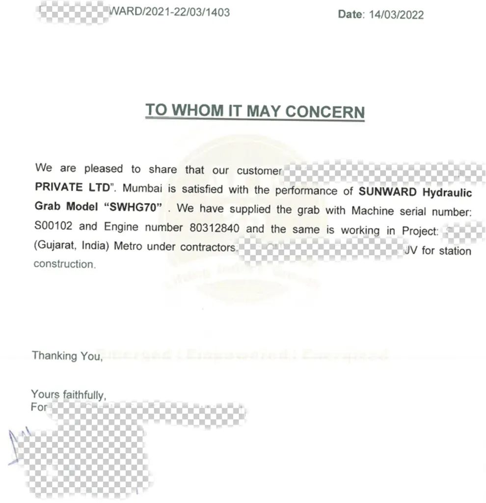 感谢信！星际官网注册智能SWHG70液压抓斗助力海外基础施工获肯定